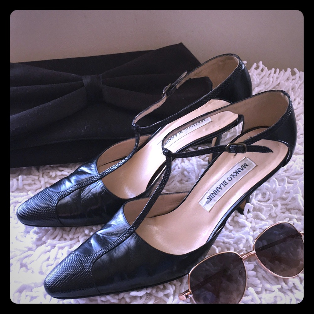 Manolo Blahnik Black T-Strap Heels